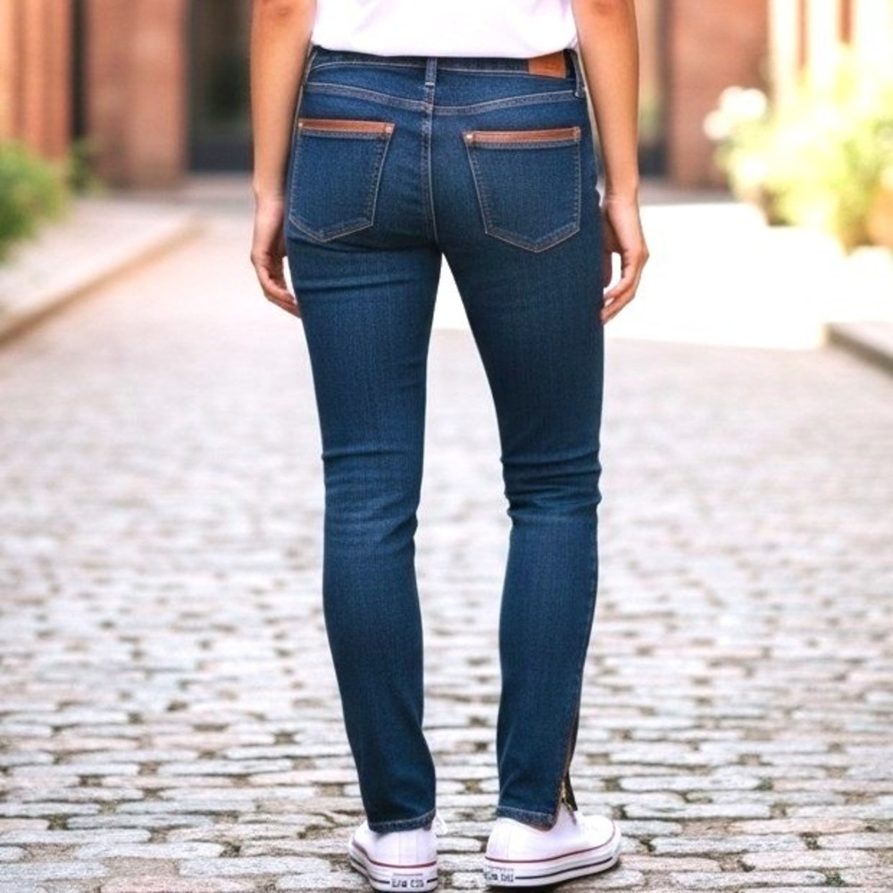 WHBM The Skinny Ankle Jeans Size 2 Small Womens Blue Denim Leather Trim Zip Hem